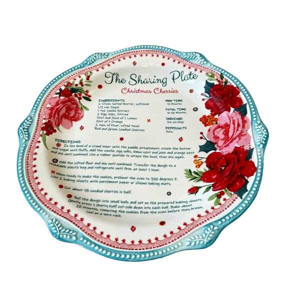 PIONEER WOMAN Cheerful Rose 12" Holiday Cookie Sharing Plate Platter Recipe Teal - Picture 6 of 10